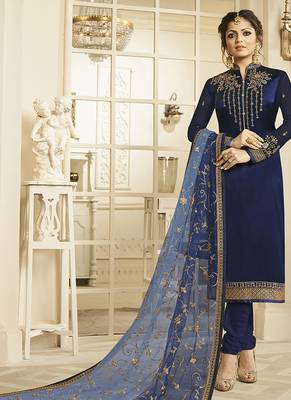 Satin georgette salwar kameez in blue color with embroidery and crystal stone work 1