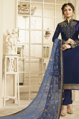 Satin georgette salwar kameez in blue color with embroidery and crystal stone work