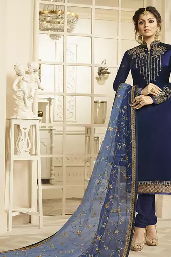 Satin georgette salwar kameez in blue color with embroidery and crystal stone work