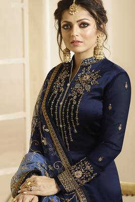 Satin georgette salwar kameez in blue color with embroidery and crystal stone work 2