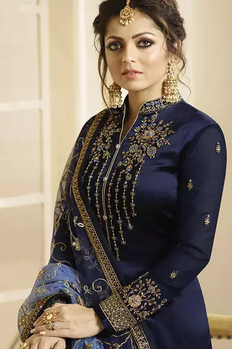 Satin georgette salwar kameez in blue color with embroidery and crystal stone work