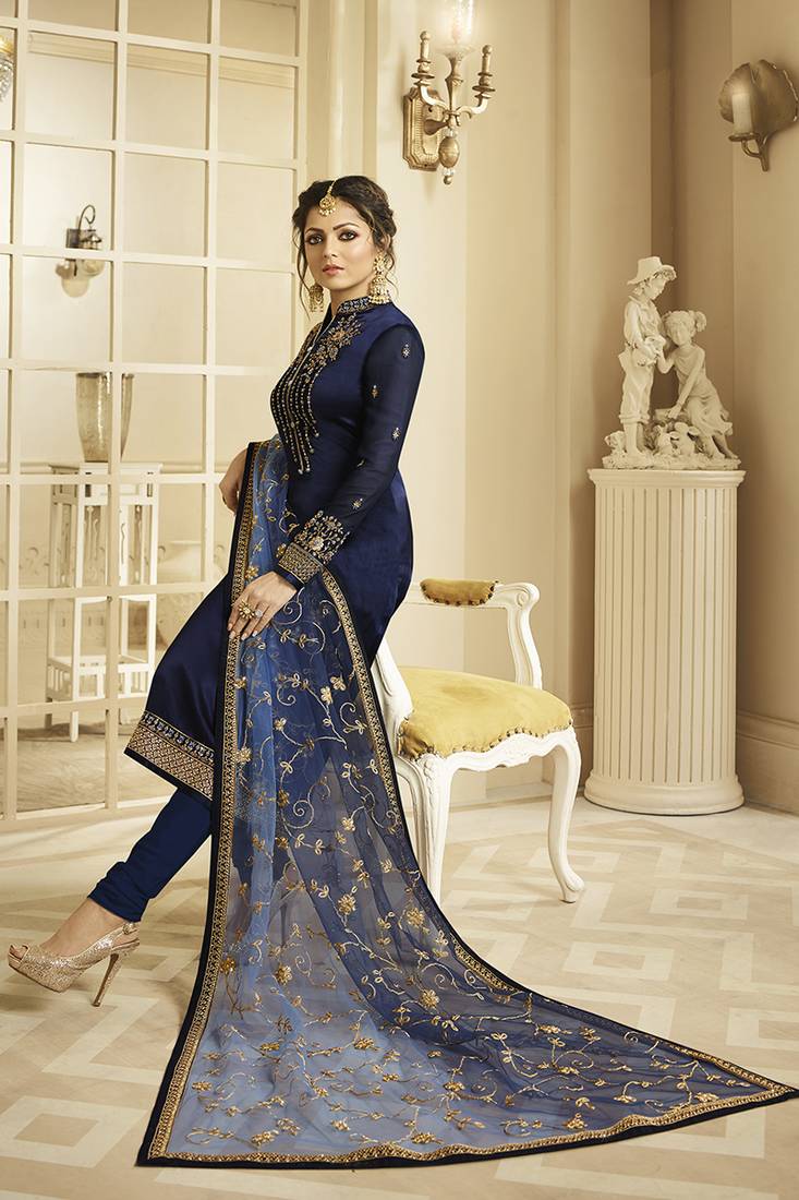 Satin georgette salwar kameez in blue color with embroidery and crystal stone work
