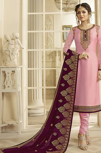 Satin georgette salwar kameez in pink color with embroidery and crystal stone work