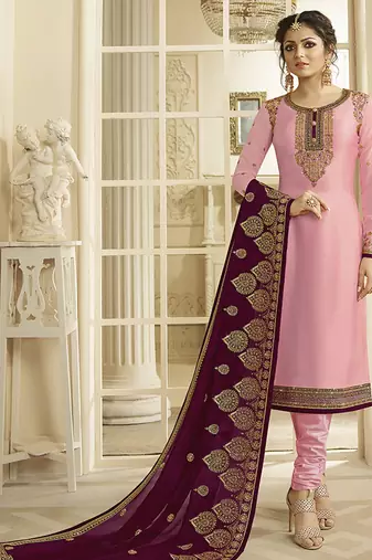 Satin georgette salwar kameez in pink color with embroidery and crystal stone work