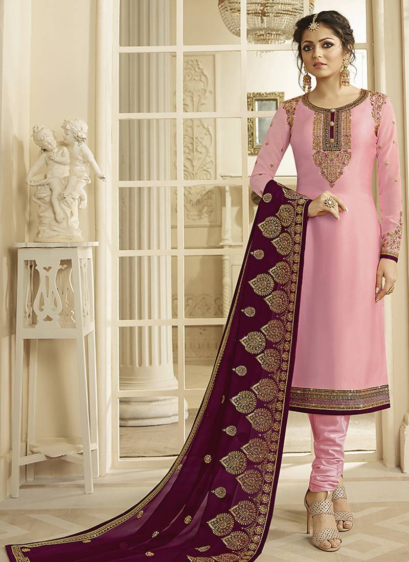 Satin georgette salwar kameez in pink color with embroidery and crystal stone work