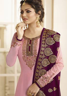 Satin georgette salwar kameez in pink color with embroidery and crystal stone work 2