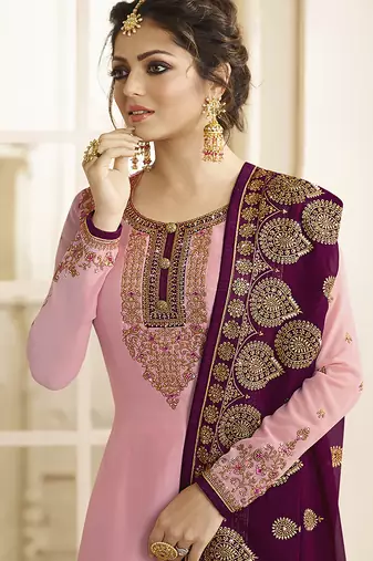 Satin georgette salwar kameez in pink color with embroidery and crystal stone work