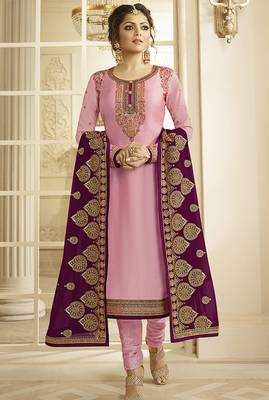 Satin georgette salwar kameez in pink color with embroidery and crystal stone work 3