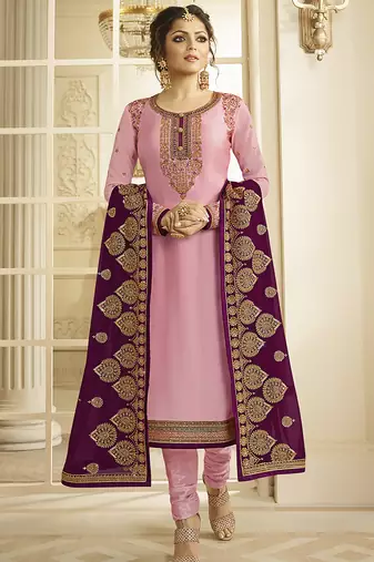 Satin georgette salwar kameez in pink color with embroidery and crystal stone work