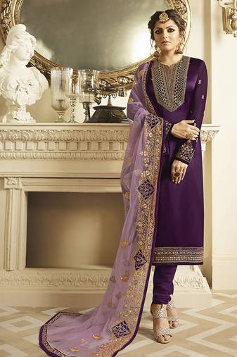 Satin georgette salwar kameez in voilet color with embroidery and crystal stone work