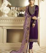 Satin georgette salwar kameez in voilet color with embroidery and crystal stone work