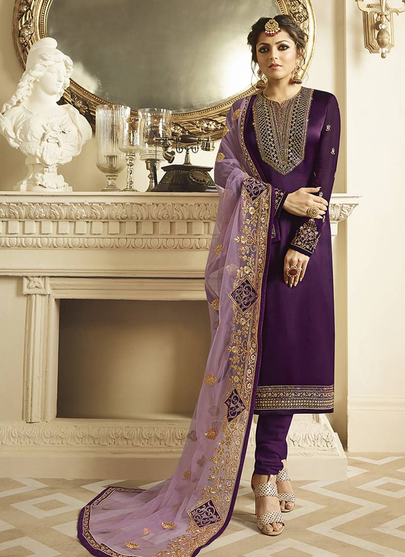 Satin georgette salwar kameez in voilet color with embroidery and crystal stone work