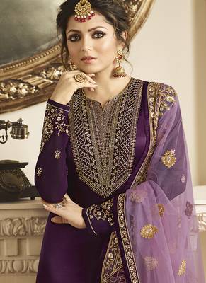 Satin georgette salwar kameez in voilet color with embroidery and crystal stone work 2