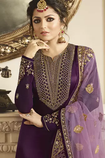 Satin georgette salwar kameez in voilet color with embroidery and crystal stone work