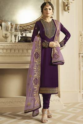Satin georgette salwar kameez in voilet color with embroidery and crystal stone work 3