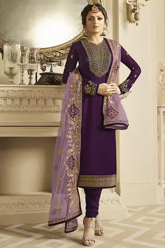 Satin georgette salwar kameez in voilet color with embroidery and crystal stone work
