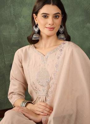 Women's Beautiful Embroidery Work Silk Fabric Straight Kurta Palazzo and Dupatta Set 2