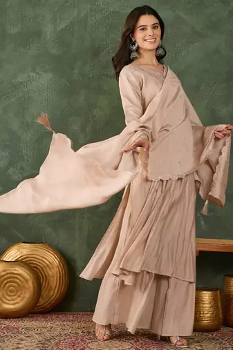 Women's Beautiful Embroidery Work Silk Fabric Straight Kurta Palazzo and Dupatta Set