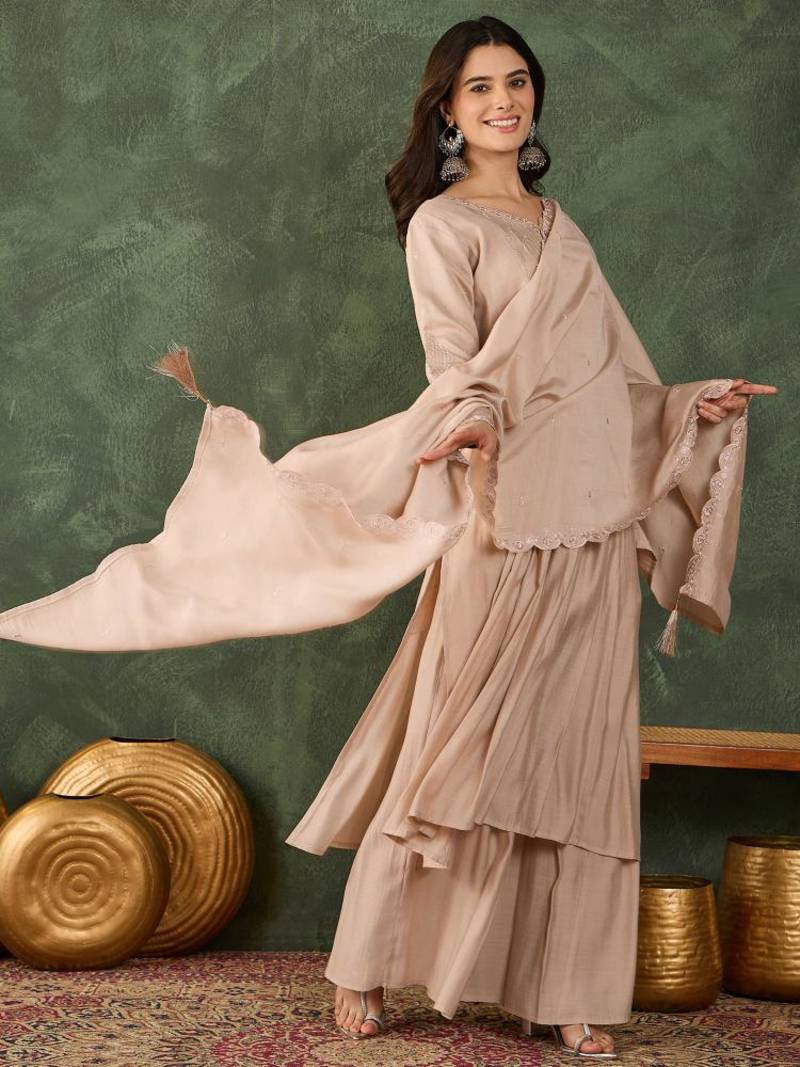 Women's Beautiful Embroidery Work Silk Fabric Straight Kurta Palazzo and Dupatta Set