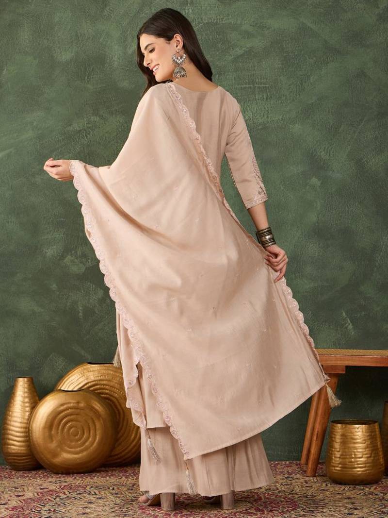 Women's Beautiful Embroidery Work Silk Fabric Straight Kurta Palazzo and Dupatta Set