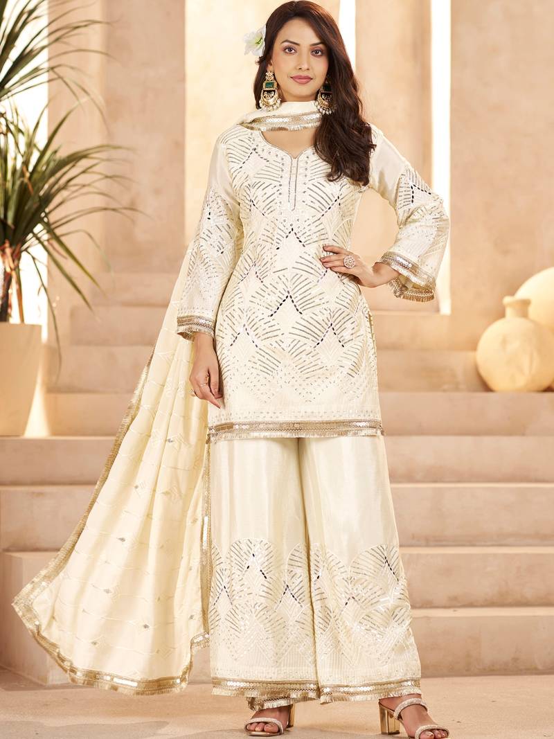 Sparkling Off-White Sequins Chinon Festival Wear Palazzo Suit