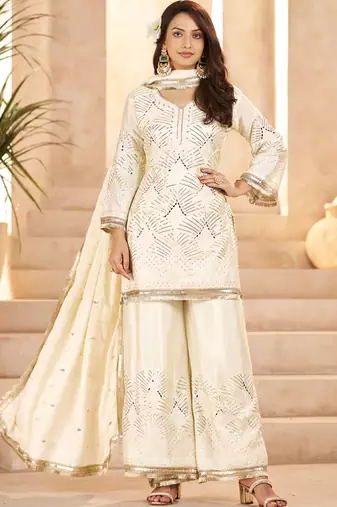 Sparkling Off-White Sequins Chinon Festival Wear Palazzo Suit