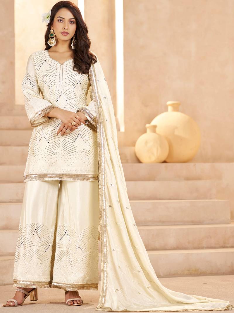 Sparkling Off-White Sequins Chinon Festival Wear Palazzo Suit