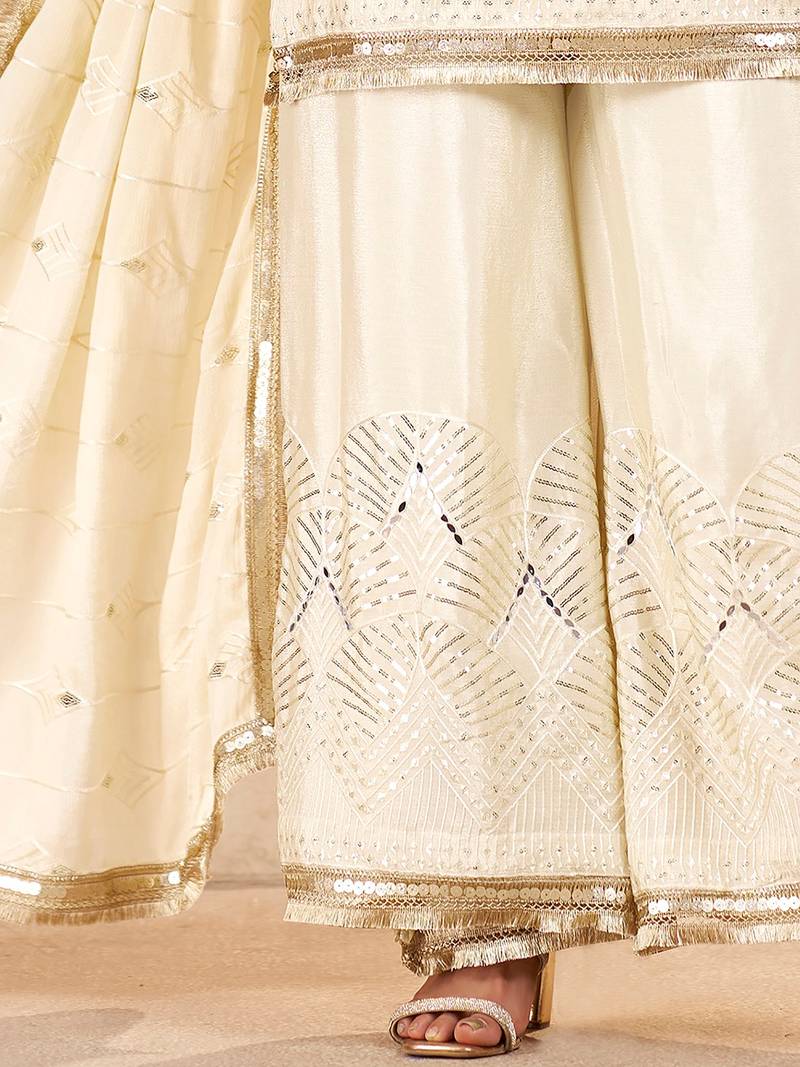 Sparkling Off-White Sequins Chinon Festival Wear Palazzo Suit