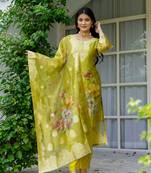 Women's Beautiful Jacquard Printed Work Organza viscose Fabric Straight Kurta Pant and Dupatta Set