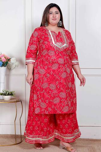  plus size women's red cotton gota work kurta with palazzo