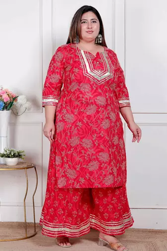  plus size women's red cotton gota work kurta with palazzo