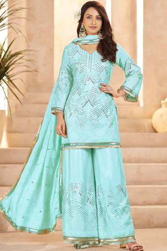 Enchanting Sky-Blue Mirror Work Chinon Traditional Palazzo Suit