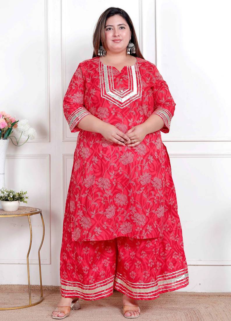 plus size women's red cotton gota work kurta with palazzo