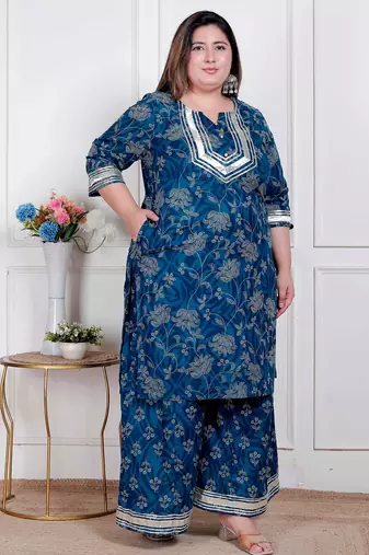  plus size women's cotton floral printed v-neck kurta with flared palazzo