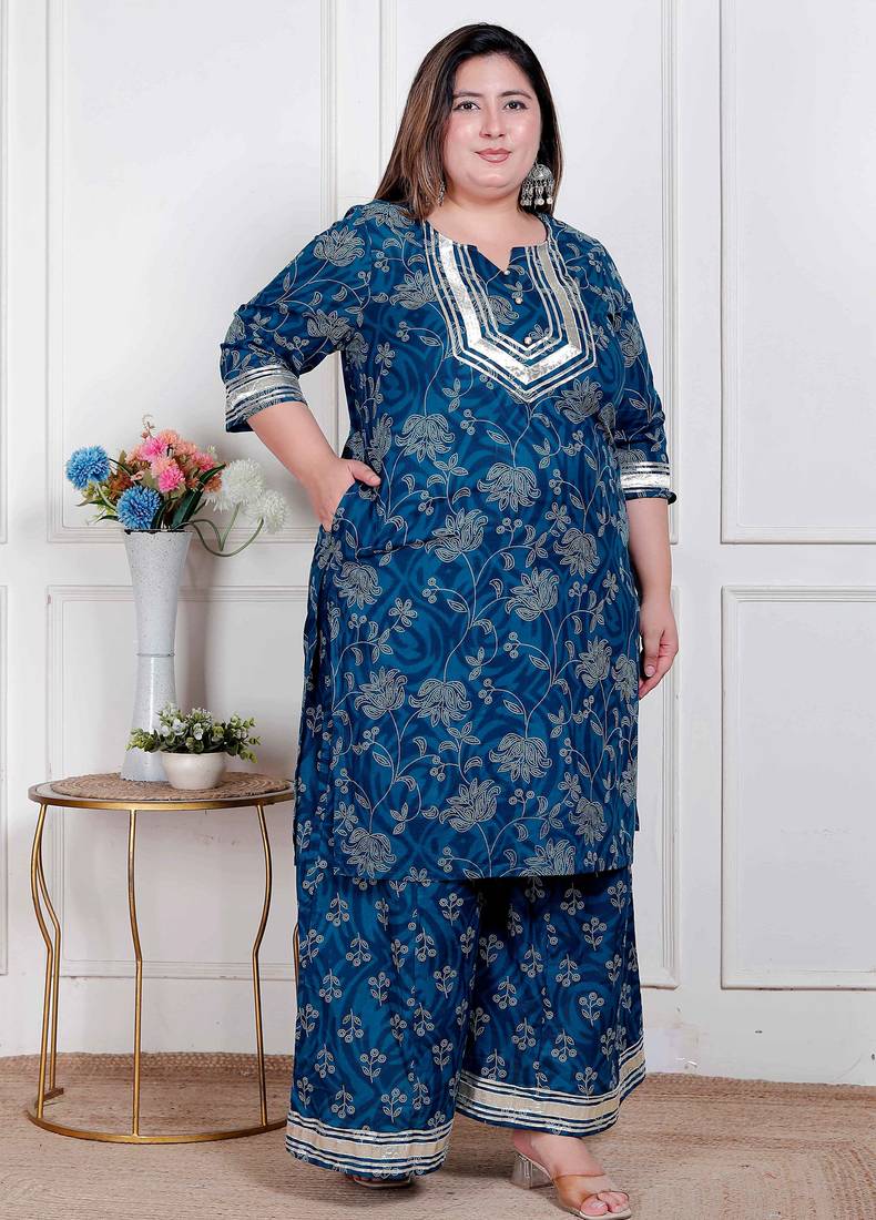  plus size women's cotton floral printed v-neck kurta with flared palazzo