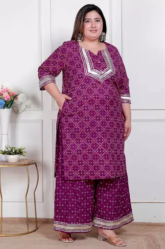  plus size women cotton magenta gota work kurta with flared palazzo