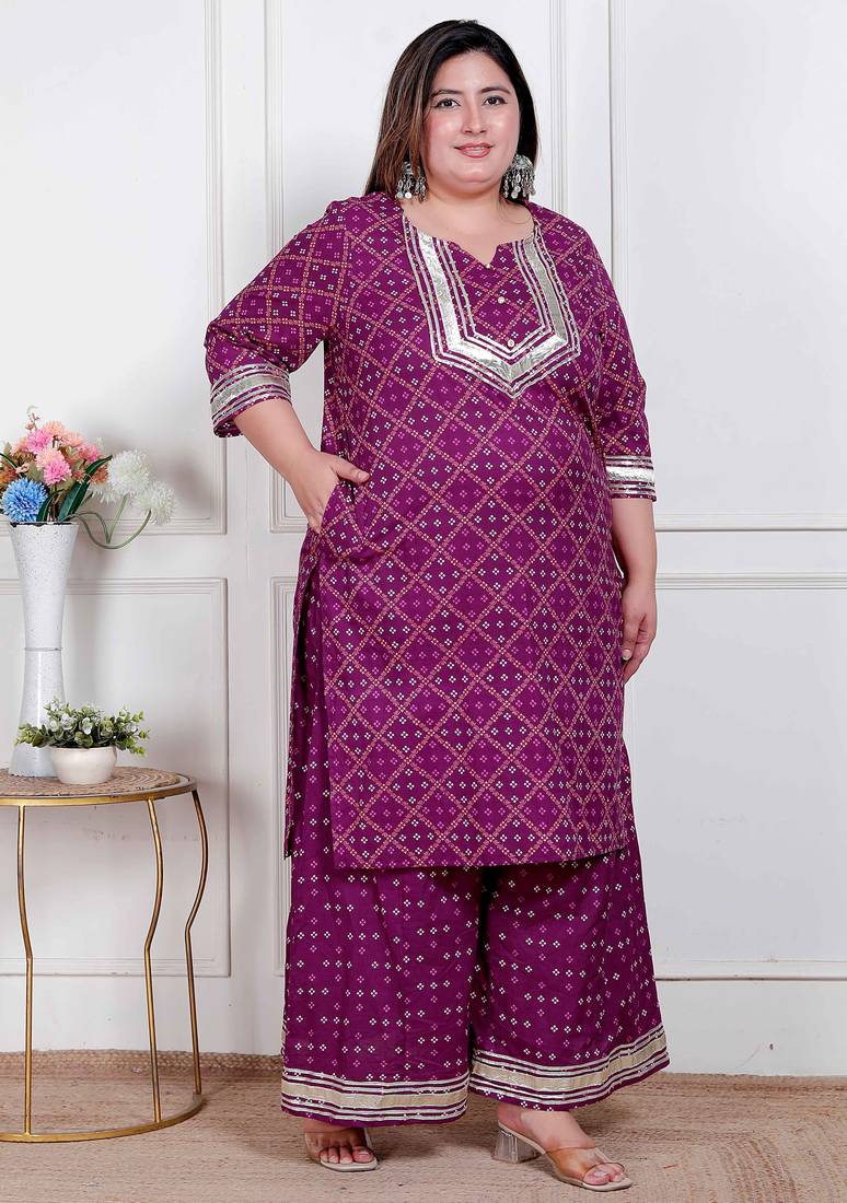  plus size women cotton magenta gota work kurta with flared palazzo