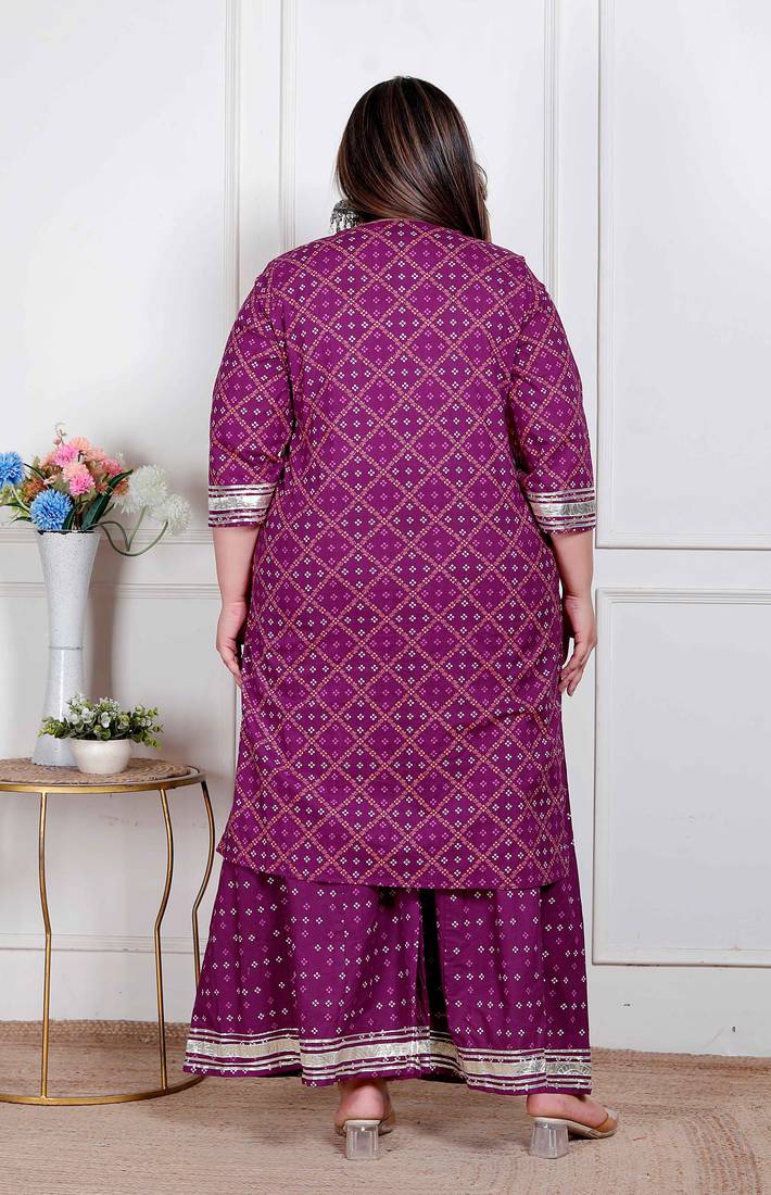  plus size women cotton magenta gota work kurta with flared palazzo