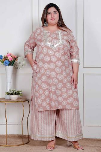  plus size women brown floral printed straight ethnic kurta with palazzo