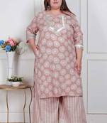  plus size women brown floral printed straight ethnic kurta with palazzo