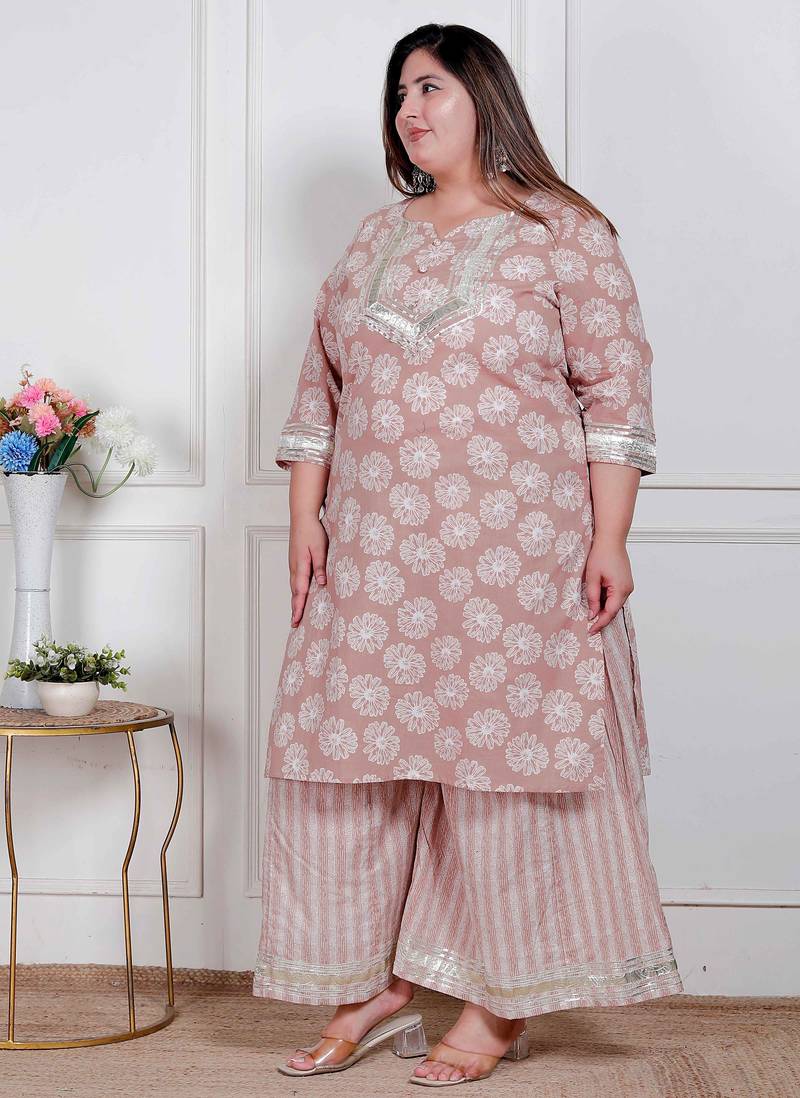  plus size women brown floral printed straight ethnic kurta with palazzo