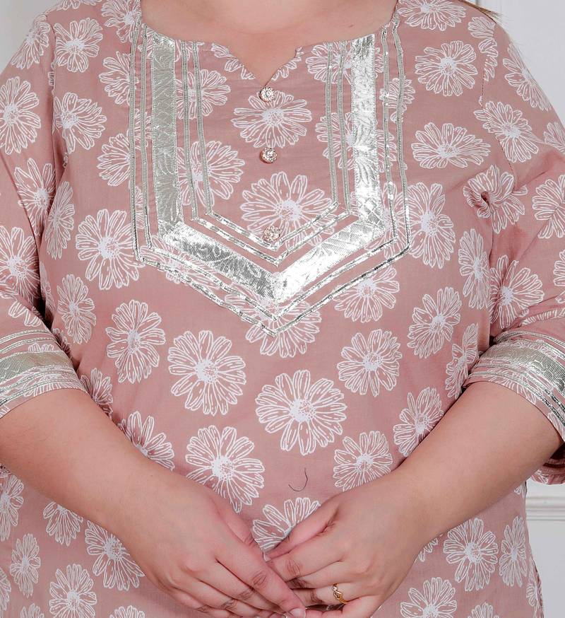  plus size women brown floral printed straight ethnic kurta with palazzo