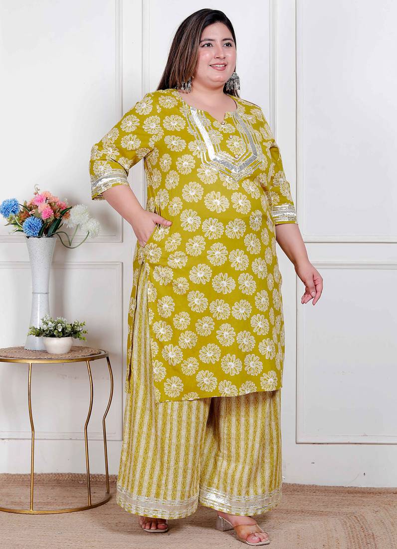  plus size women's lime yellow block printed kurta with palazzo