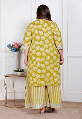  plus size women's lime yellow block printed kurta with palazzo 3