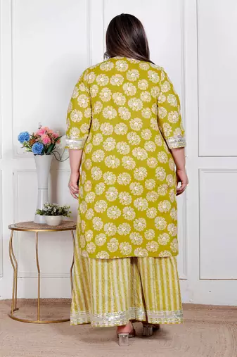  plus size women's lime yellow block printed kurta with palazzo