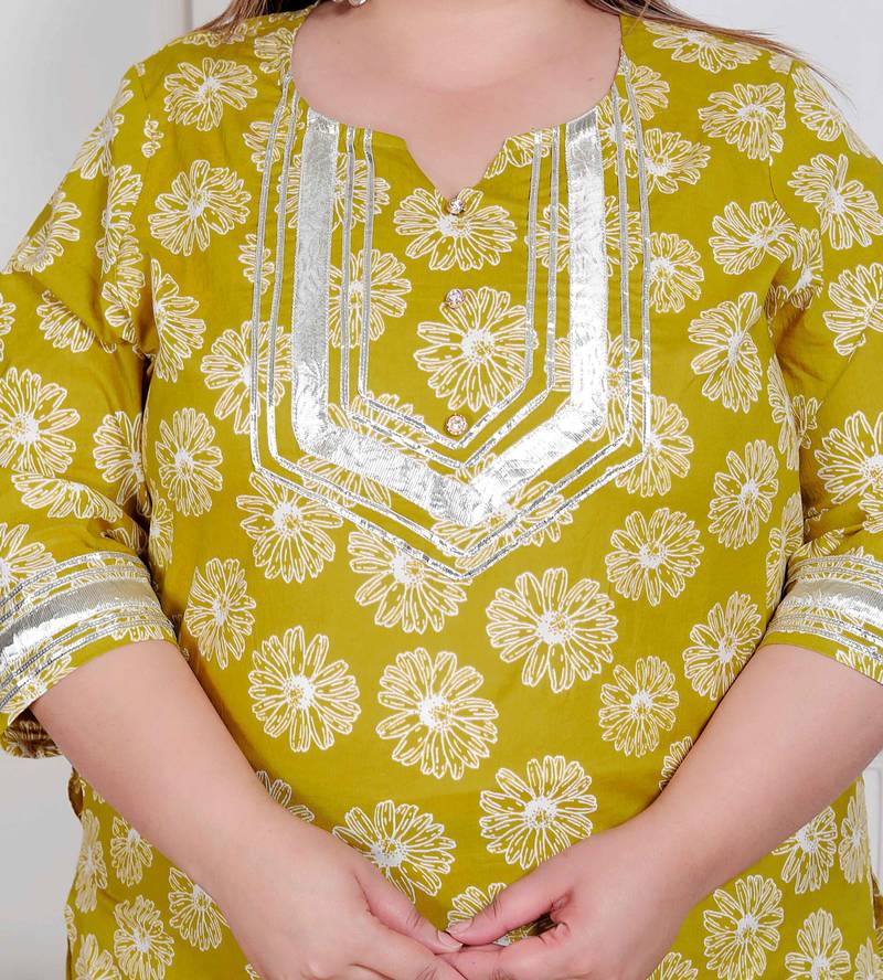  plus size women's lime yellow block printed kurta with palazzo