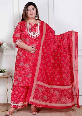  plus size red floral print embroidered cotton straight kurta with palazzo & dupatta 1