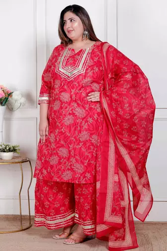  plus size red floral print embroidered cotton straight kurta with palazzo & dupatta