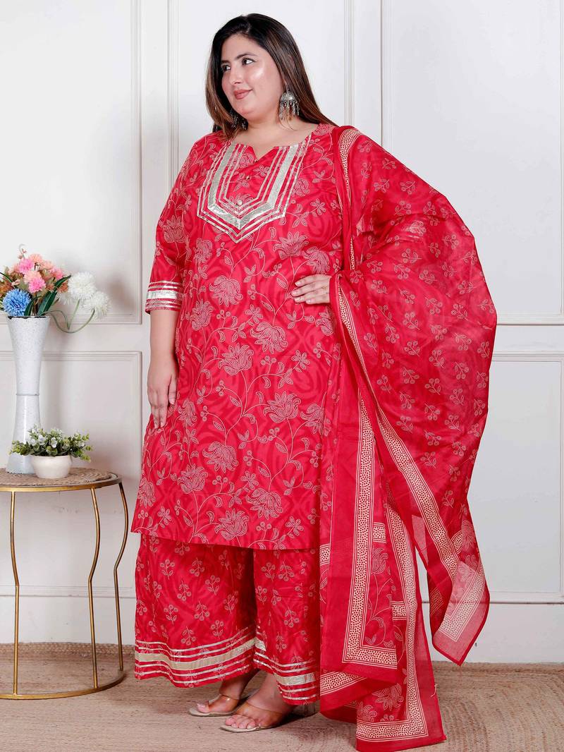  plus size red floral print embroidered cotton straight kurta with palazzo & dupatta