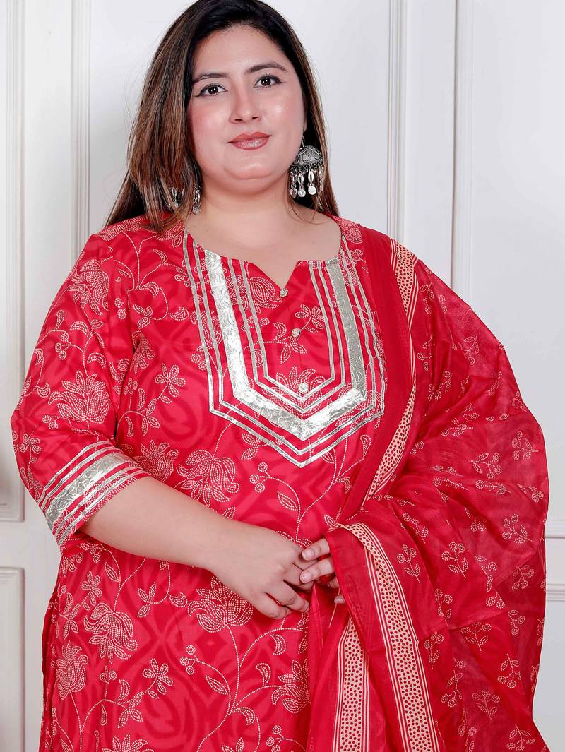  plus size red floral print embroidered cotton straight kurta with palazzo & dupatta